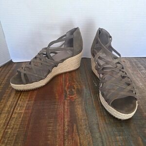 Eileen Fisher Womens 9.5 Grey Suede Strappy Espadrille Wedge Sandals Back Zip